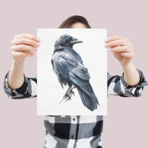 Watercolor Black Crow Wall Art Print Unframed - Black Bird Raven Illustration - Picture 4 of 6